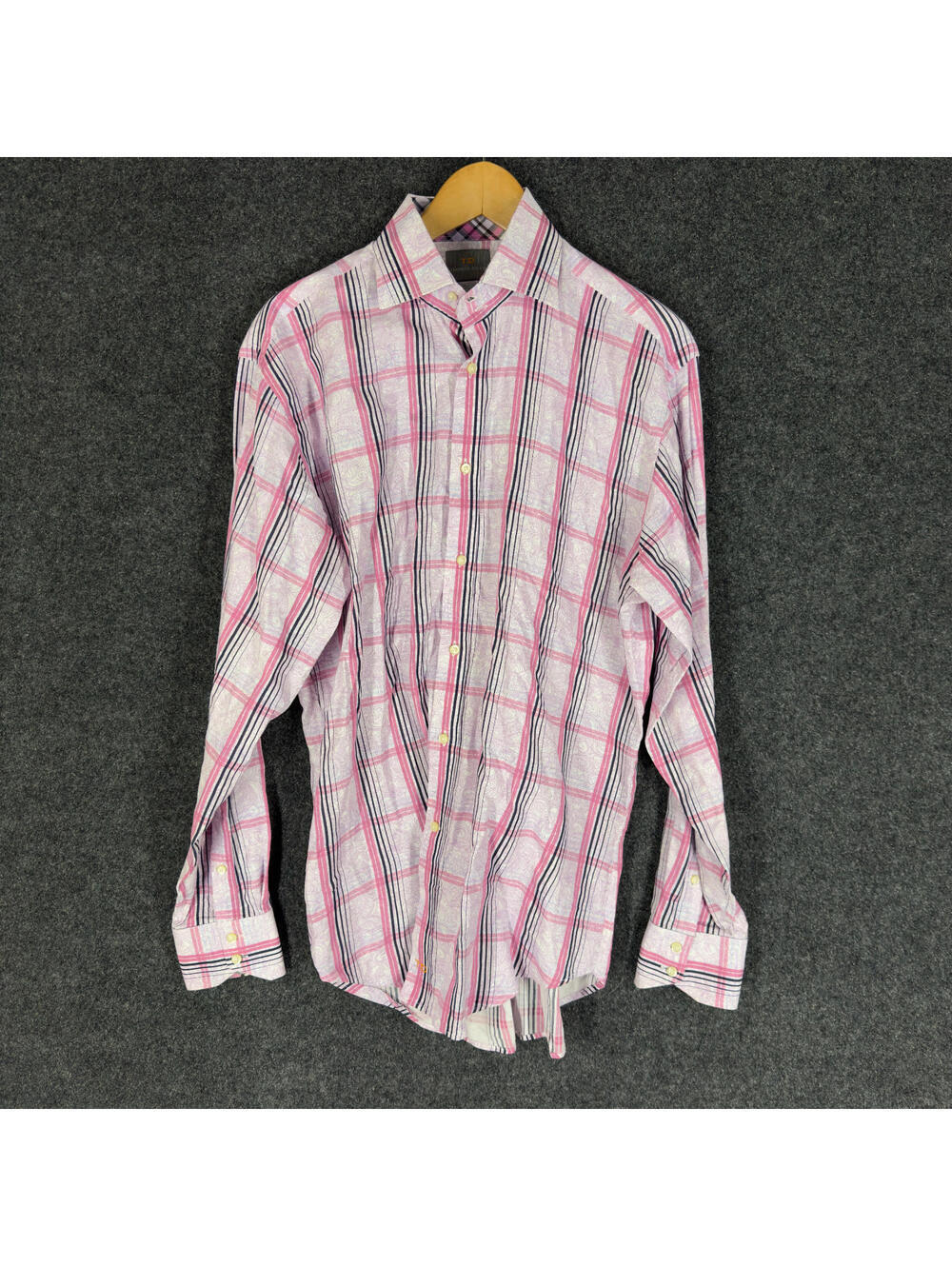 Thomas Dean Shirt Men L Large Gray Plaid Button Up Collared Long Sleeve Cotton